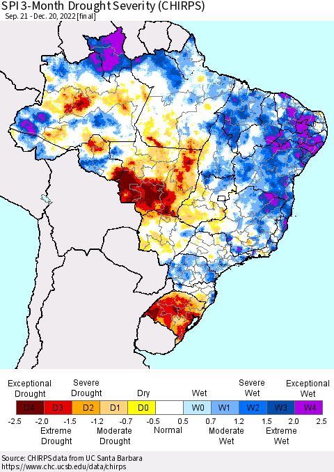 Brazil SPI 3-Month Drought Severity (CHIRPS) Thematic Map For 9/21/2022 - 12/20/2022