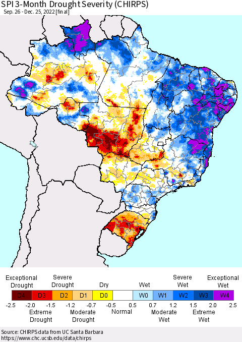 Brazil SPI 3-Month Drought Severity (CHIRPS) Thematic Map For 9/26/2022 - 12/25/2022