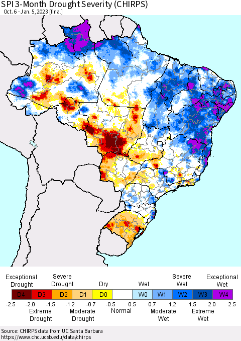 Brazil SPI 3-Month Drought Severity (CHIRPS) Thematic Map For 10/6/2022 - 1/5/2023