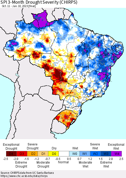 Brazil SPI 3-Month Drought Severity (CHIRPS) Thematic Map For 10/11/2022 - 1/10/2023
