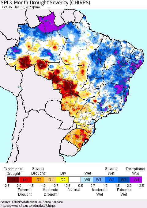 Brazil SPI 3-Month Drought Severity (CHIRPS) Thematic Map For 10/16/2022 - 1/15/2023