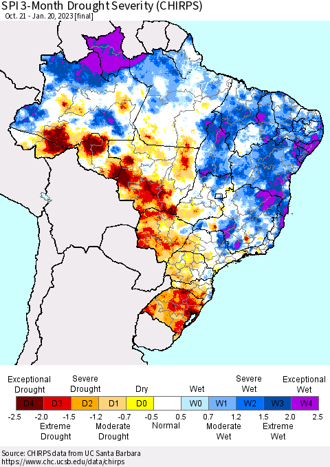 Brazil SPI 3-Month Drought Severity (CHIRPS) Thematic Map For 10/21/2022 - 1/20/2023