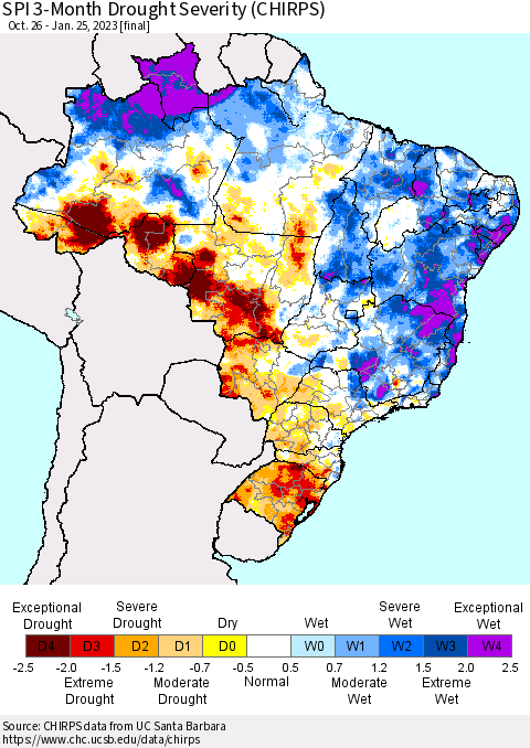 Brazil SPI 3-Month Drought Severity (CHIRPS) Thematic Map For 10/26/2022 - 1/25/2023