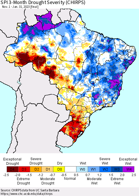 Brazil SPI 3-Month Drought Severity (CHIRPS) Thematic Map For 11/1/2022 - 1/31/2023