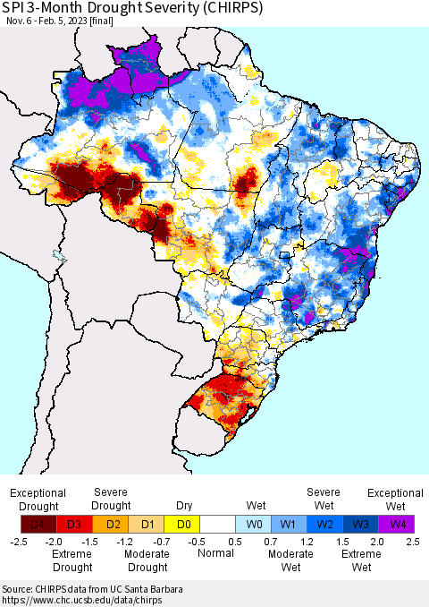 Brazil SPI 3-Month Drought Severity (CHIRPS) Thematic Map For 11/6/2022 - 2/5/2023