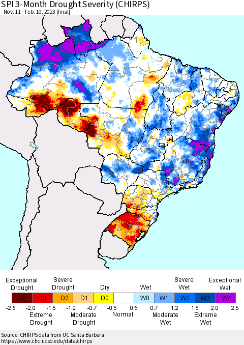 Brazil SPI 3-Month Drought Severity (CHIRPS) Thematic Map For 11/11/2022 - 2/10/2023