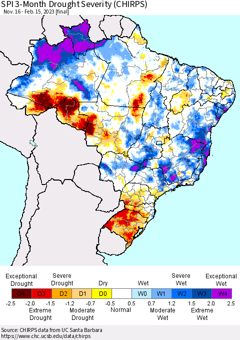 Brazil SPI 3-Month Drought Severity (CHIRPS) Thematic Map For 11/16/2022 - 2/15/2023