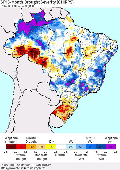 Brazil SPI 3-Month Drought Severity (CHIRPS) Thematic Map For 11/21/2022 - 2/20/2023