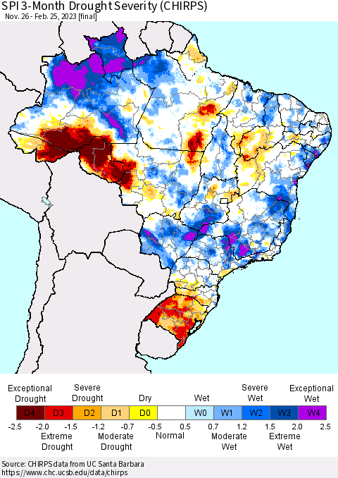 Brazil SPI 3-Month Drought Severity (CHIRPS) Thematic Map For 11/26/2022 - 2/25/2023