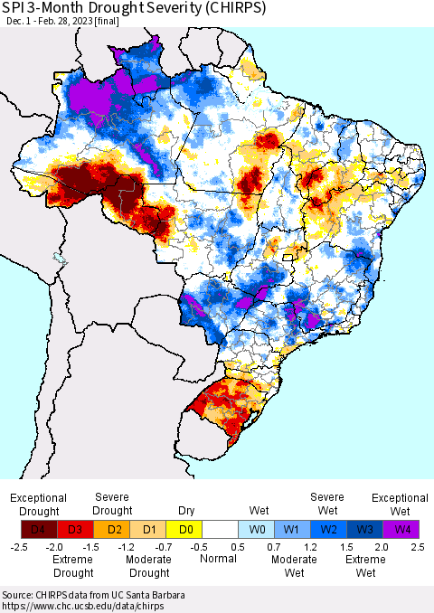 Brazil SPI 3-Month Drought Severity (CHIRPS) Thematic Map For 12/1/2022 - 2/28/2023