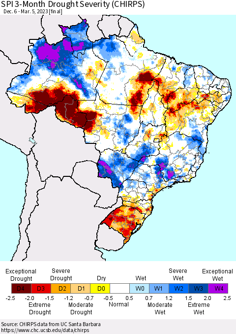 Brazil SPI 3-Month Drought Severity (CHIRPS) Thematic Map For 12/6/2022 - 3/5/2023