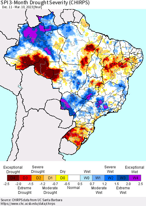 Brazil SPI 3-Month Drought Severity (CHIRPS) Thematic Map For 12/11/2022 - 3/10/2023