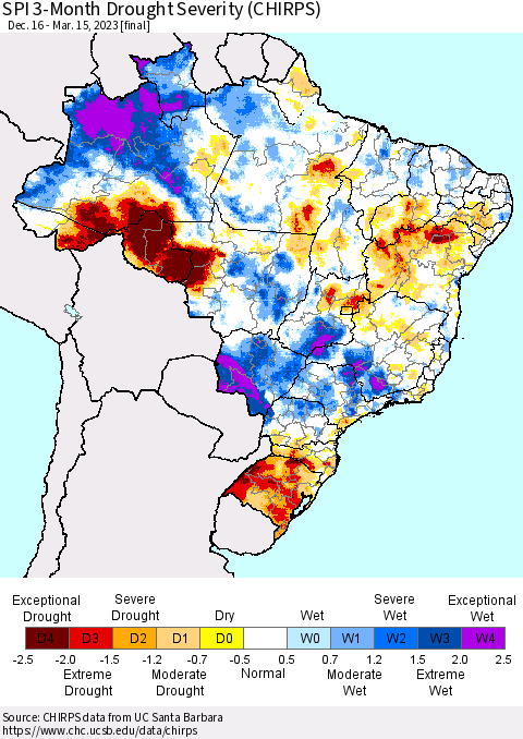 Brazil SPI 3-Month Drought Severity (CHIRPS) Thematic Map For 12/16/2022 - 3/15/2023