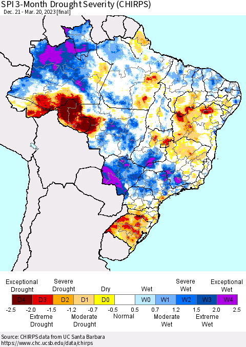 Brazil SPI 3-Month Drought Severity (CHIRPS) Thematic Map For 12/21/2022 - 3/20/2023