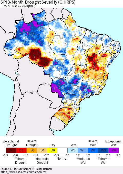 Brazil SPI 3-Month Drought Severity (CHIRPS) Thematic Map For 12/26/2022 - 3/25/2023