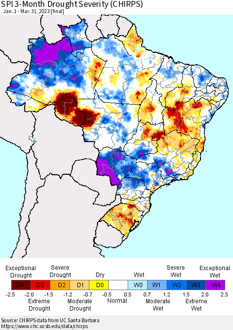 Brazil SPI 3-Month Drought Severity (CHIRPS) Thematic Map For 1/1/2023 - 3/31/2023