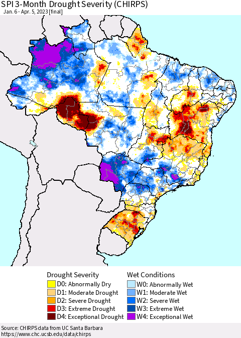 Brazil SPI 3-Month Drought Severity (CHIRPS) Thematic Map For 1/6/2023 - 4/5/2023