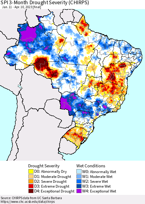 Brazil SPI 3-Month Drought Severity (CHIRPS) Thematic Map For 1/11/2023 - 4/10/2023