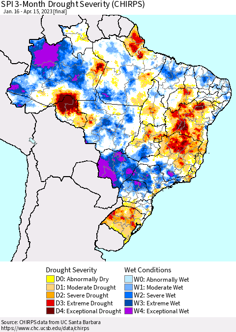 Brazil SPI 3-Month Drought Severity (CHIRPS) Thematic Map For 1/16/2023 - 4/15/2023