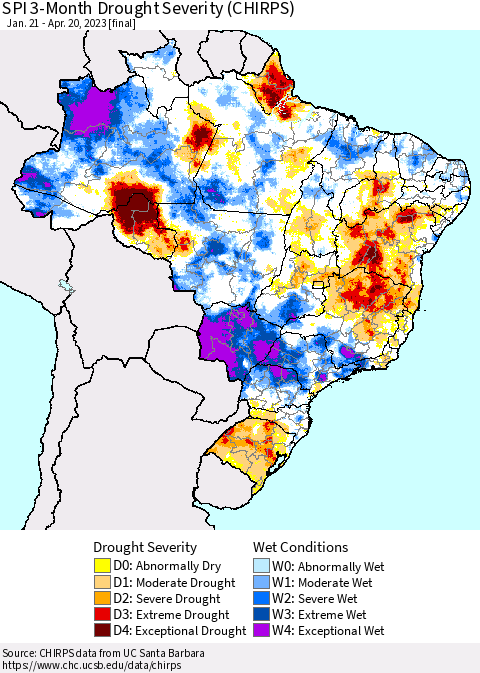 Brazil SPI 3-Month Drought Severity (CHIRPS) Thematic Map For 1/21/2023 - 4/20/2023