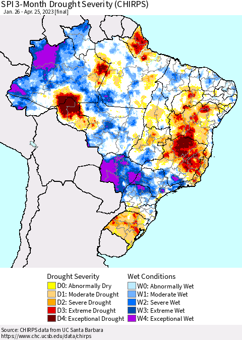 Brazil SPI 3-Month Drought Severity (CHIRPS) Thematic Map For 1/26/2023 - 4/25/2023