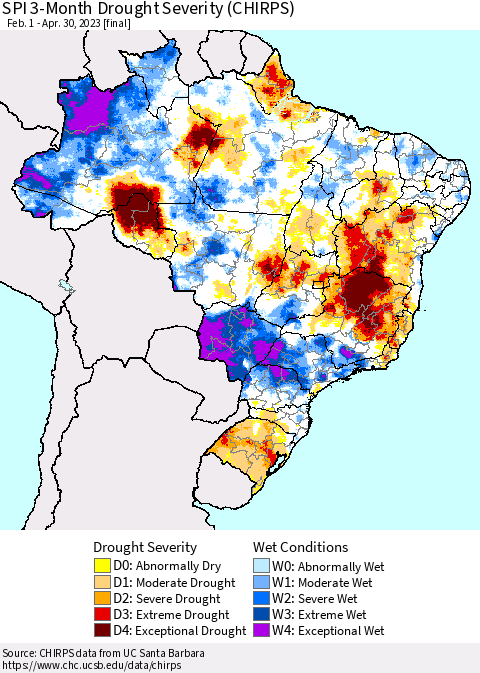 Brazil SPI 3-Month Drought Severity (CHIRPS) Thematic Map For 2/1/2023 - 4/30/2023
