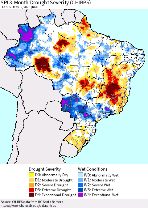 Brazil SPI 3-Month Drought Severity (CHIRPS) Thematic Map For 2/6/2023 - 5/5/2023
