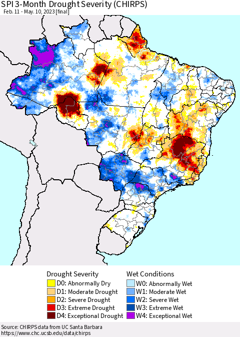 Brazil SPI 3-Month Drought Severity (CHIRPS) Thematic Map For 2/11/2023 - 5/10/2023