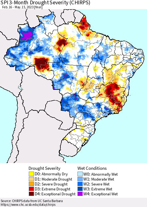 Brazil SPI 3-Month Drought Severity (CHIRPS) Thematic Map For 2/16/2023 - 5/15/2023