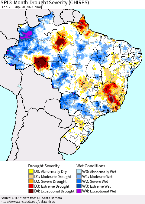 Brazil SPI 3-Month Drought Severity (CHIRPS) Thematic Map For 2/21/2023 - 5/20/2023