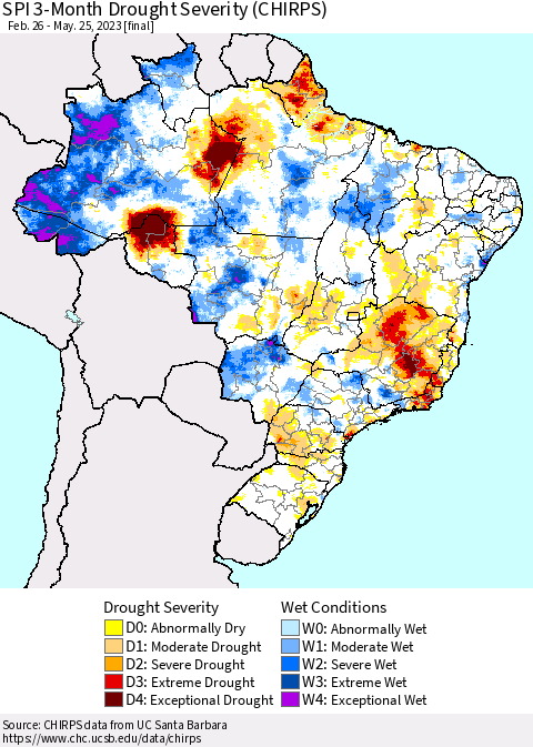 Brazil SPI 3-Month Drought Severity (CHIRPS) Thematic Map For 2/26/2023 - 5/25/2023