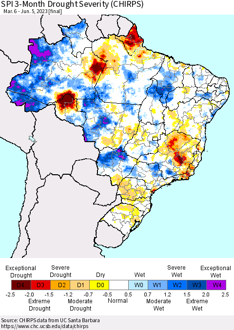 Brazil SPI 3-Month Drought Severity (CHIRPS) Thematic Map For 3/6/2023 - 6/5/2023