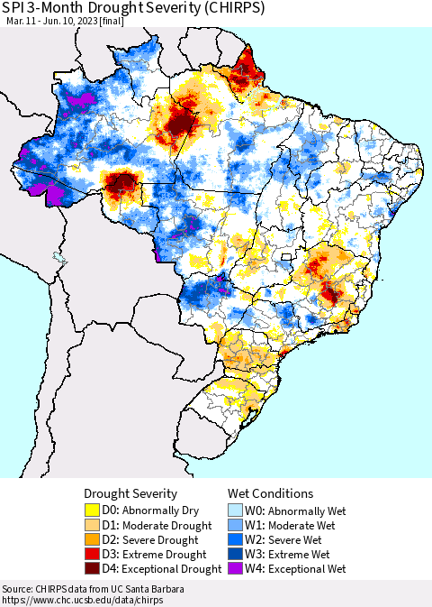 Brazil SPI 3-Month Drought Severity (CHIRPS) Thematic Map For 3/11/2023 - 6/10/2023