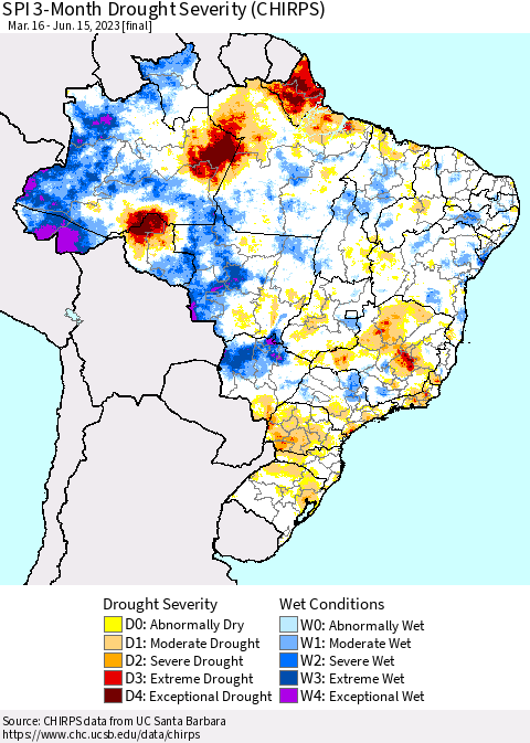 Brazil SPI 3-Month Drought Severity (CHIRPS) Thematic Map For 3/16/2023 - 6/15/2023