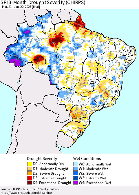 Brazil SPI 3-Month Drought Severity (CHIRPS) Thematic Map For 3/21/2023 - 6/20/2023