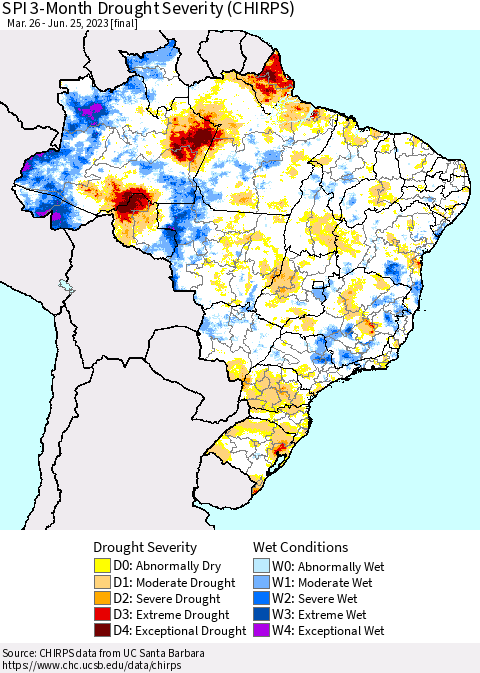 Brazil SPI 3-Month Drought Severity (CHIRPS) Thematic Map For 3/26/2023 - 6/25/2023
