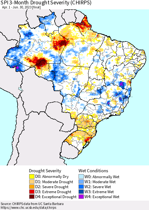 Brazil SPI 3-Month Drought Severity (CHIRPS) Thematic Map For 4/1/2023 - 6/30/2023