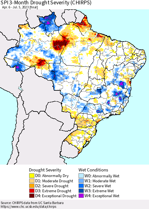 Brazil SPI 3-Month Drought Severity (CHIRPS) Thematic Map For 4/6/2023 - 7/5/2023