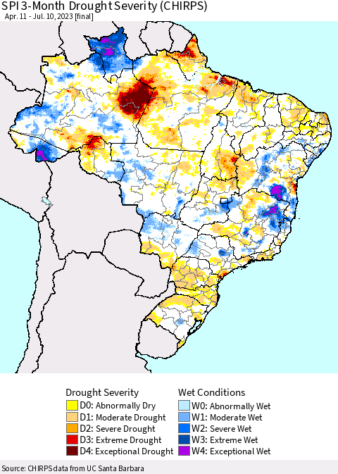 Brazil SPI 3-Month Drought Severity (CHIRPS) Thematic Map For 4/11/2023 - 7/10/2023