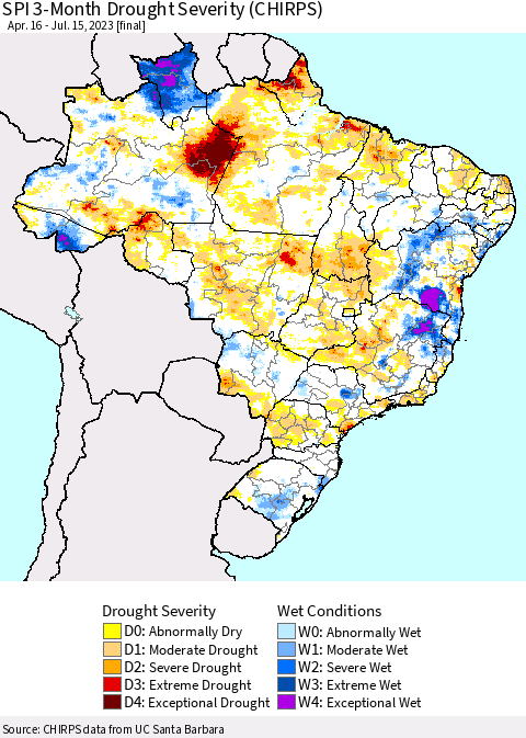 Brazil SPI 3-Month Drought Severity (CHIRPS) Thematic Map For 4/16/2023 - 7/15/2023