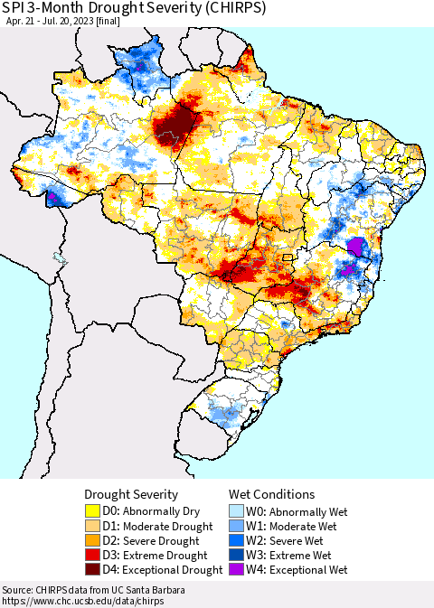 Brazil SPI 3-Month Drought Severity (CHIRPS) Thematic Map For 4/21/2023 - 7/20/2023