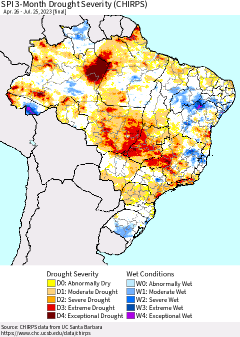 Brazil SPI 3-Month Drought Severity (CHIRPS) Thematic Map For 4/26/2023 - 7/25/2023