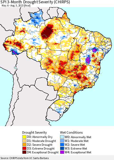 Brazil SPI 3-Month Drought Severity (CHIRPS) Thematic Map For 5/6/2023 - 8/5/2023