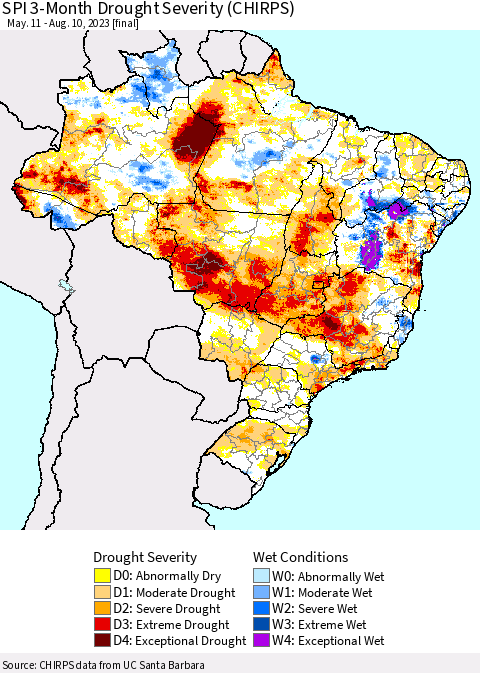 Brazil SPI 3-Month Drought Severity (CHIRPS) Thematic Map For 5/11/2023 - 8/10/2023