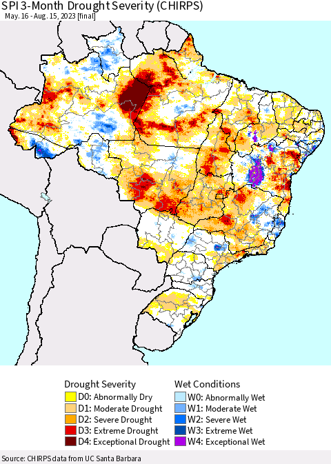 Brazil SPI 3-Month Drought Severity (CHIRPS) Thematic Map For 5/16/2023 - 8/15/2023