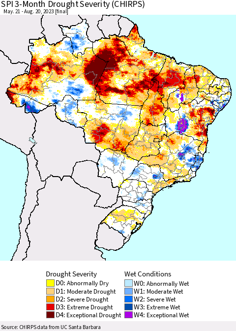 Brazil SPI 3-Month Drought Severity (CHIRPS) Thematic Map For 5/21/2023 - 8/20/2023