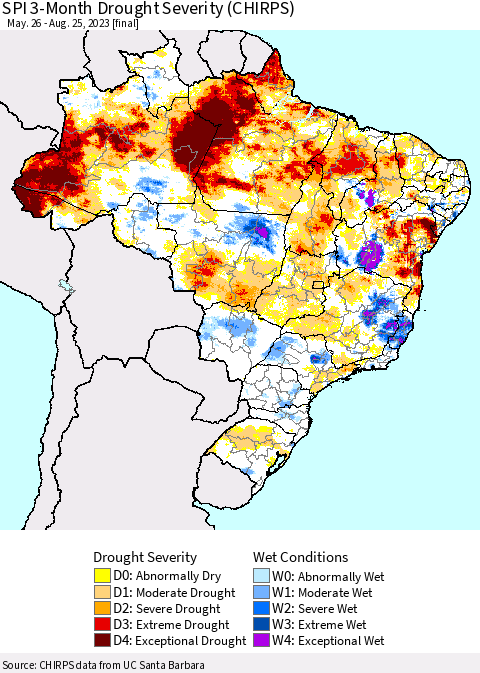 Brazil SPI 3-Month Drought Severity (CHIRPS) Thematic Map For 5/26/2023 - 8/25/2023