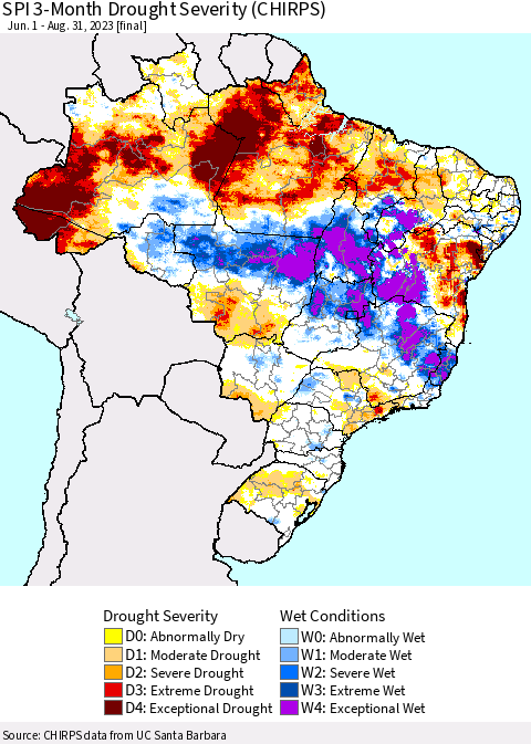 Brazil SPI 3-Month Drought Severity (CHIRPS) Thematic Map For 6/1/2023 - 8/31/2023