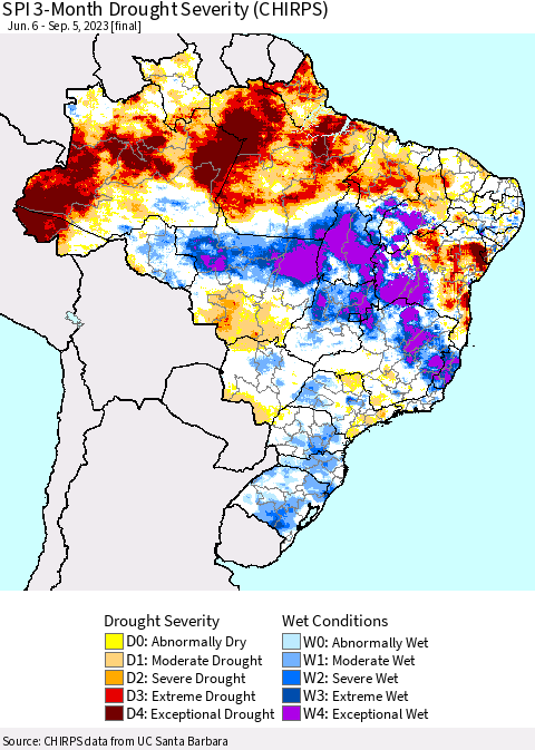 Brazil SPI 3-Month Drought Severity (CHIRPS) Thematic Map For 6/6/2023 - 9/5/2023