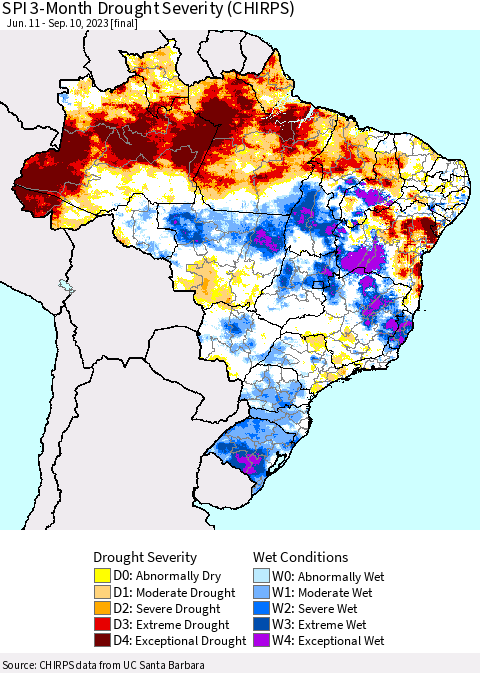 Brazil SPI 3-Month Drought Severity (CHIRPS) Thematic Map For 6/11/2023 - 9/10/2023